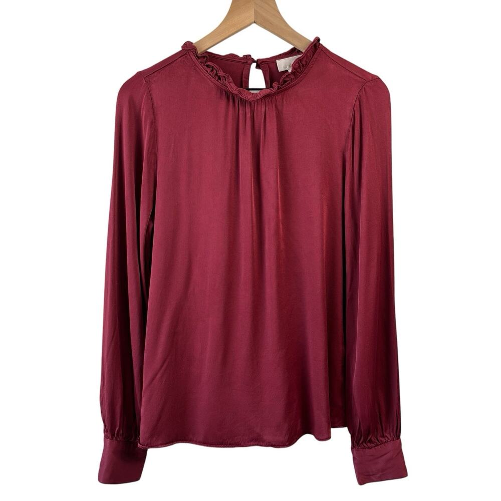 Rachel Parcell Womens Blouse Small Burgundy Ruffle Career Viscose Mockneck‎